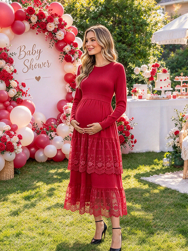 Red Lace Maternity Midi Dress with Elegant Grenadine Detail and Flowing Big Swing Fit, Baby Shower Occasion