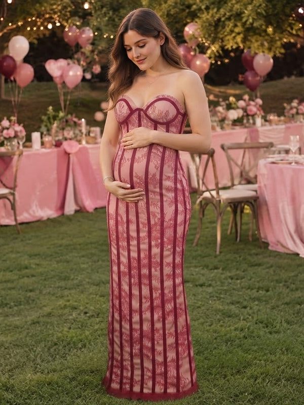 Red Lace Maternity Maxi Dress with Backless Design and Elegant Spliced Detail