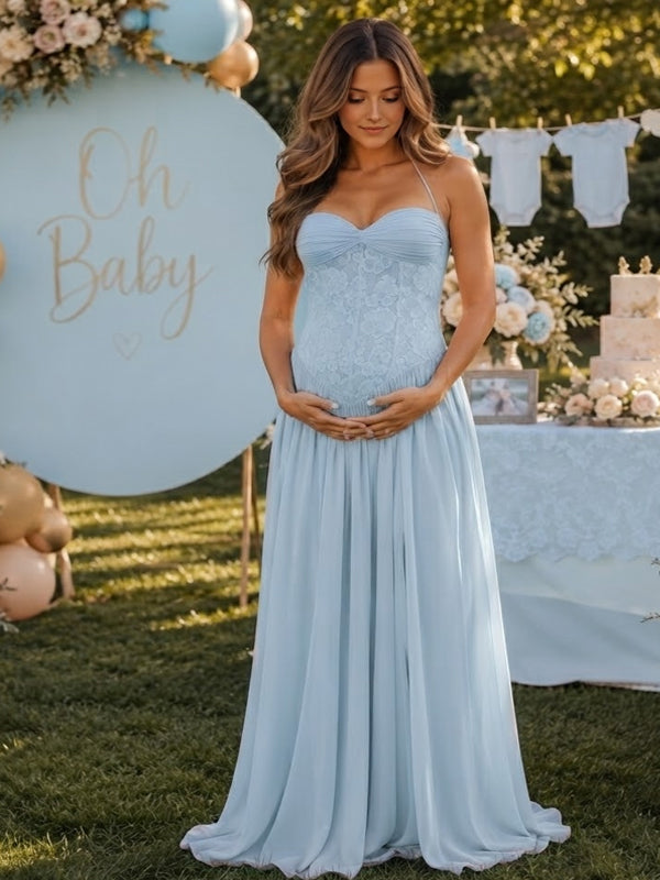 Blue Lace Maternity Maxi Dress with Halter Neck and Flared Big Swing Fit, Baby Shower Style