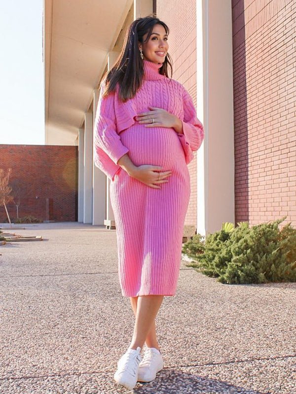 Momyknows Solid Color Knitting 2-in-1 Bodycon Baby Shower Maternity Sweater Midi Dress, Pink / 2XL