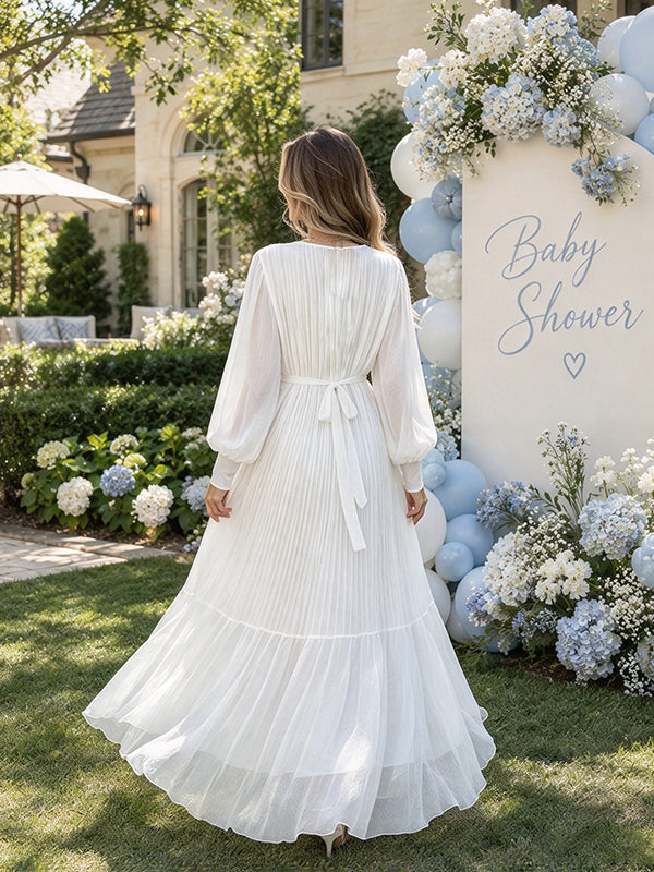 White Maternity Maxi Dress with Lace Up Detail and Flowing Big Swing Silhouette