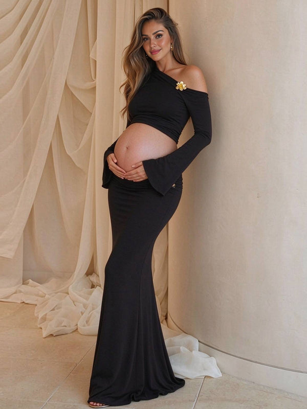 Black Flared-Sleeve One-Shoulder Top Paired with Studded Maxi Skirt for Maternity