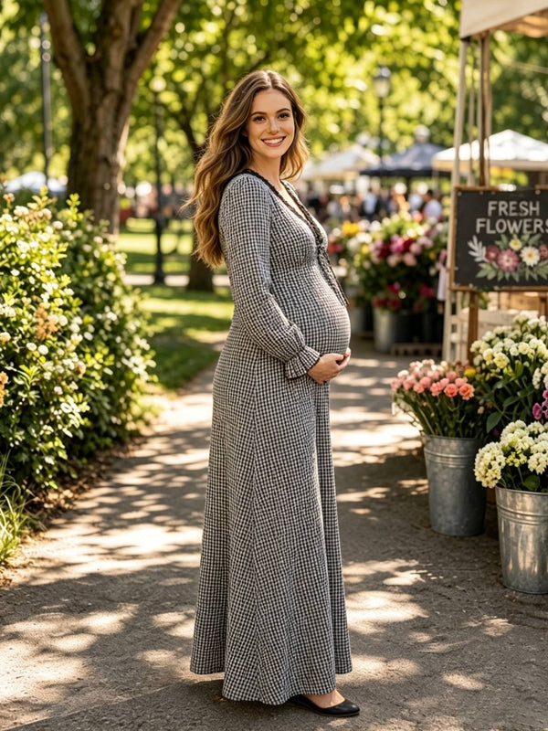 Black Maternity Dress with A-Line Fit and Contrasting Lantern Sleeve Design