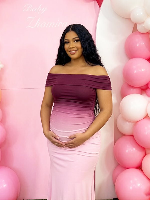 Momyknows Ombre Off Shoulder Bodycon Baby shower Maternity Maxi Dress, Blue / M