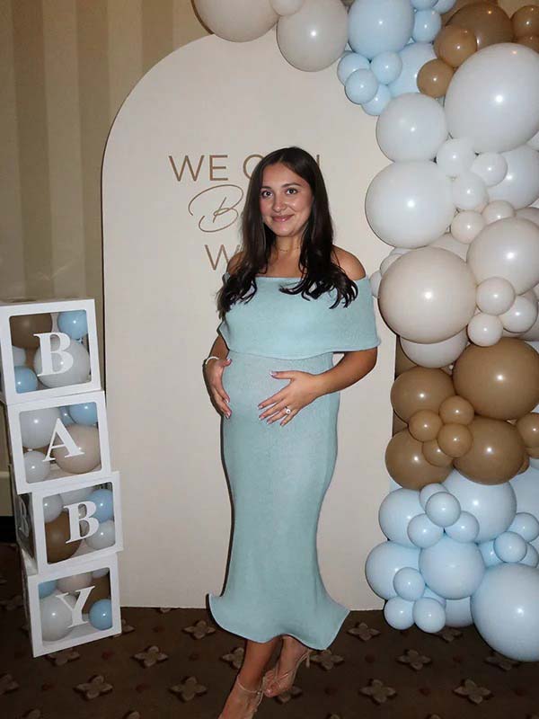 Momyknows Light Blue Knit Off Shoulder Wire Ripple Hem Bodycon Elegant Cocktail Party Maternity Baby Shower Midi Dress