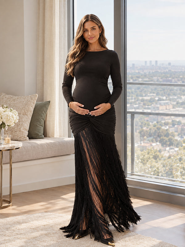 Black Tassel Knot Ruched Maternity Maxi Dress with Tassel Detail Bodycon Fit