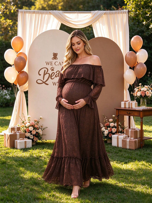 Brown maternity dress with an off-shoulder neckline and flouncy lace details, featuring an elegant flowing silhouette for baby showers