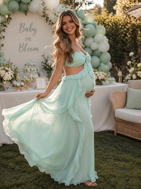 Momyknows Green Open Back Ruched Lace-Up Off Shoulder High Waist Irregular Maternity Baby Shower Maxi Dress - Green - 2