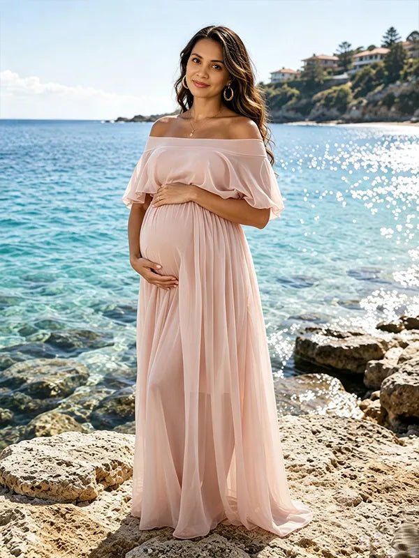Momyknows Chiffon Off Shoulder Open Back Flowy Big Swing Maternity Photoshoot Maxi Dress - Pink - 1