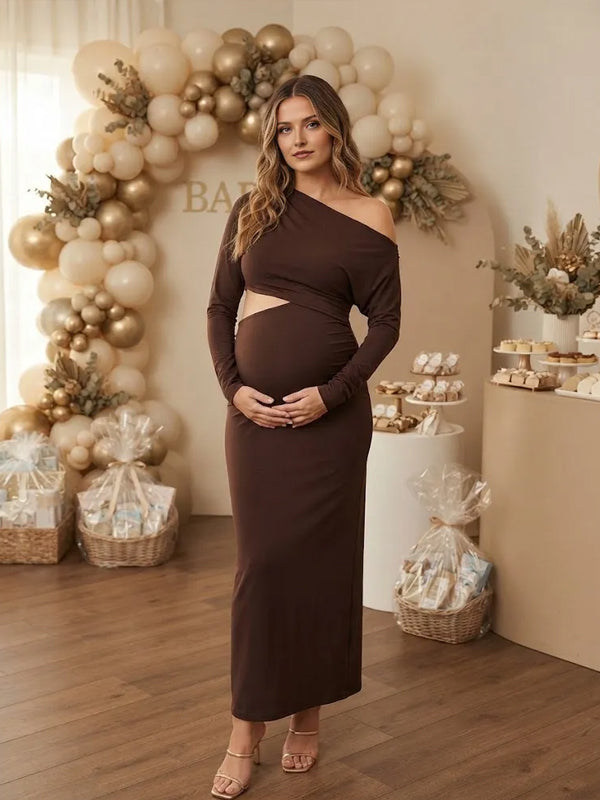 Coffle Maternity Midi Dress with Oblique Shoulder and Crop Top Detail and Flattering Silhouette