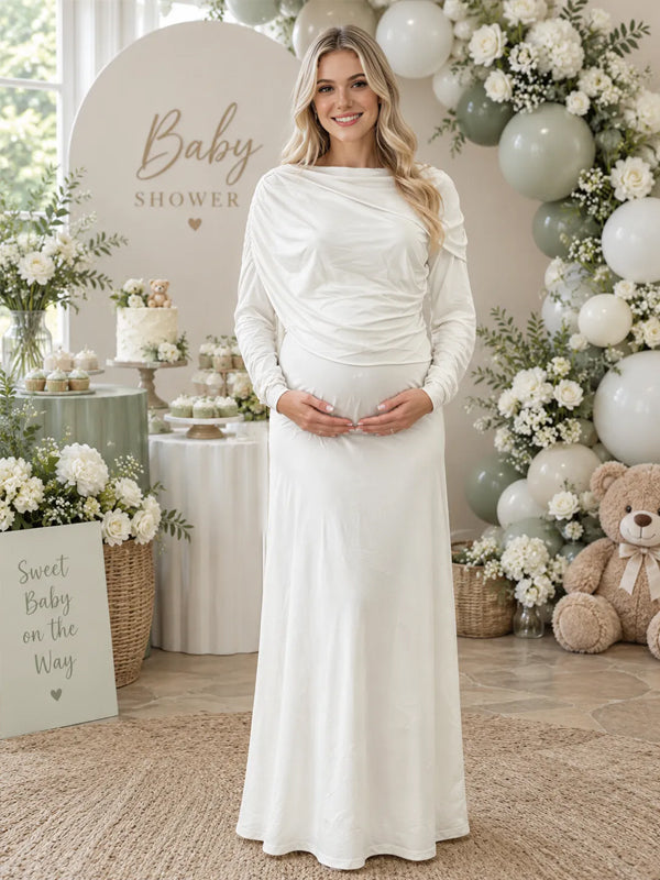 White Maternity Dress with Off-the-Shoulder Ruffle and Ruching and Form-Fitting Silhouette, Baby Shower