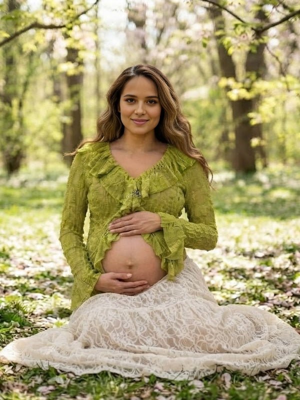 Momyknows V Neck Ruffle Falbala Flare Sleeve Maternity Photoshoot Top - Green - 4