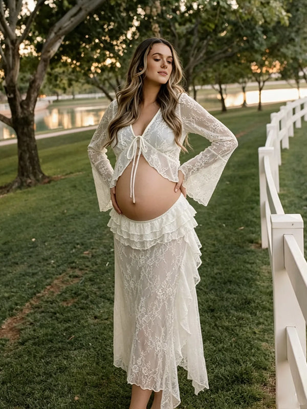 White Lace Maternity Dress with Ruffled Flared Sleeves and Form-Fitting Silhouette