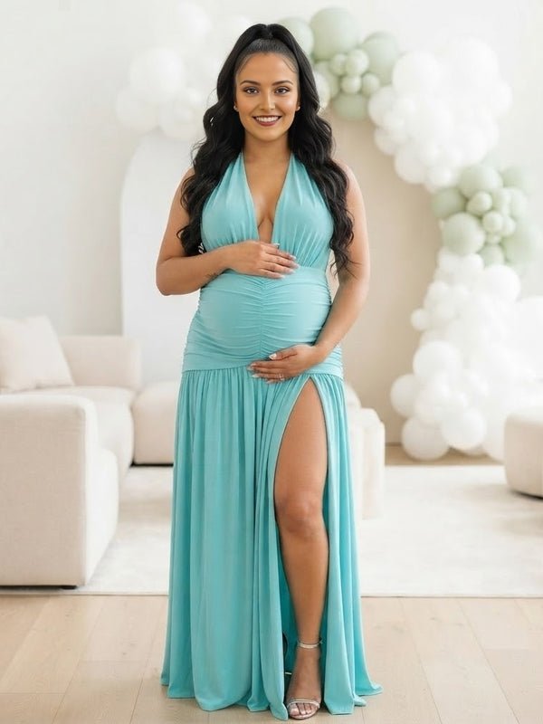 Momyknows Halter Neck Draped Hem Ruched Side Slit Backless Maternity Baby Shower Maxi Dress - Green - 4