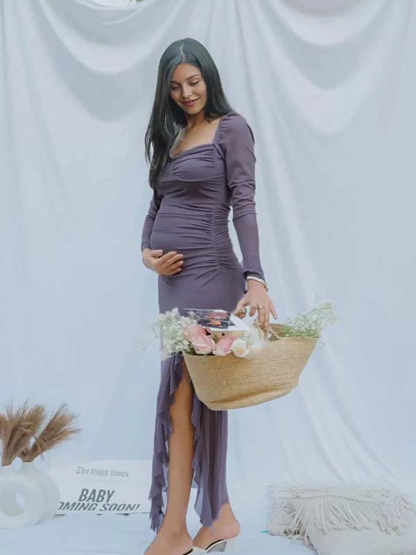 Momyknows Purple Falbala Sheer Slits On Both Sides Maternity Photoshoot Maxi Dress