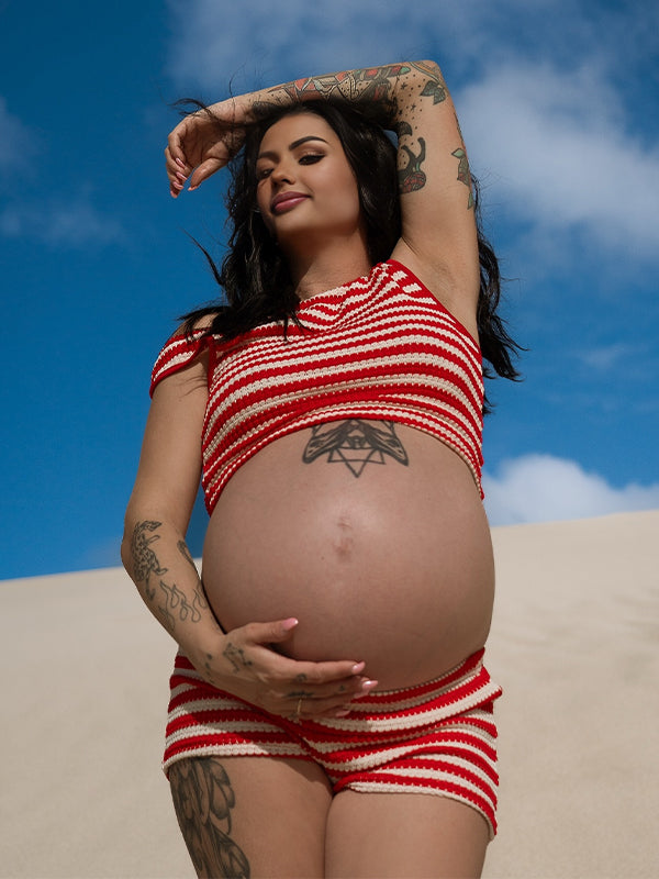 Momyknows Red 2 Pieces Striped Vocation Maternity Outfit