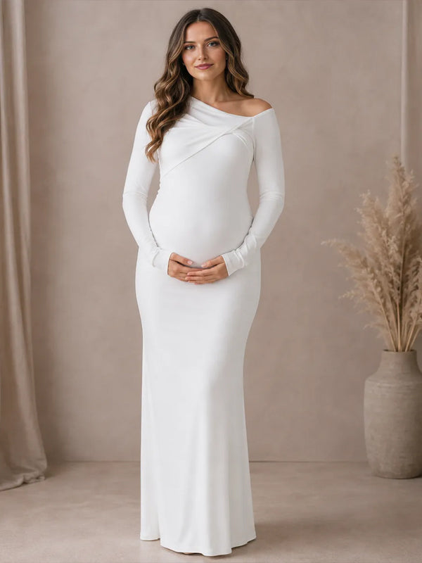 White Ruched Maternity Maxi Dress with Oblique Shoulder and Knot Detail and Elegant Fit, Photoshoot Occasion
