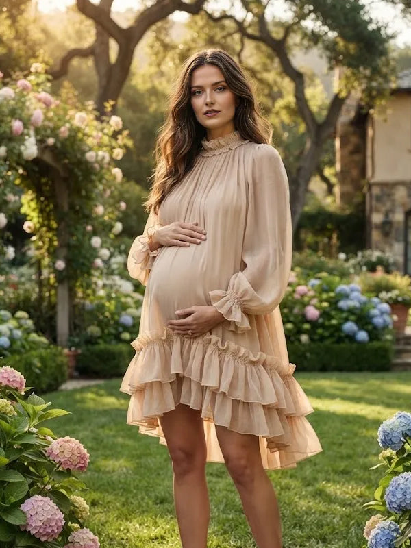 Apricot Maternity Mini Dress with Ruffle Detail and Flare Sleeve Design and Flattering Big Swing Fit, Photoshoot Style
