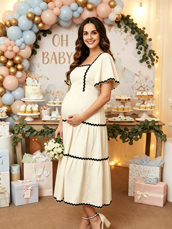 White Color-Block A-Line Maternity Dress with Square Neck and Backless Design and Oversize Fit