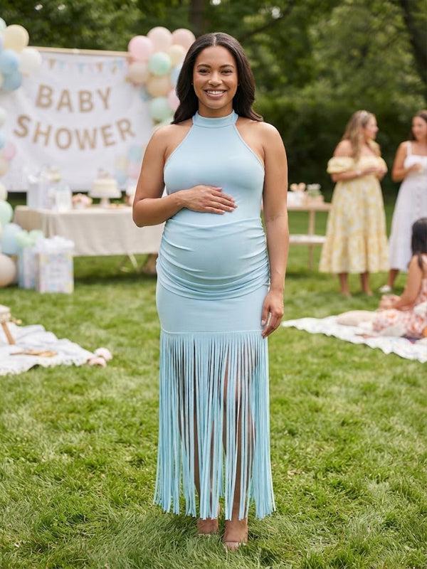 Momyknows Sky Blue Ruffle Tassel Halter Neck Lace-up Backless Maternity Baby Shower Maxi Dress