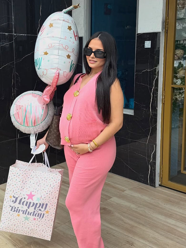 Momyknows Pink Button Pocket Two Piece Maternity Photoshoot Suit