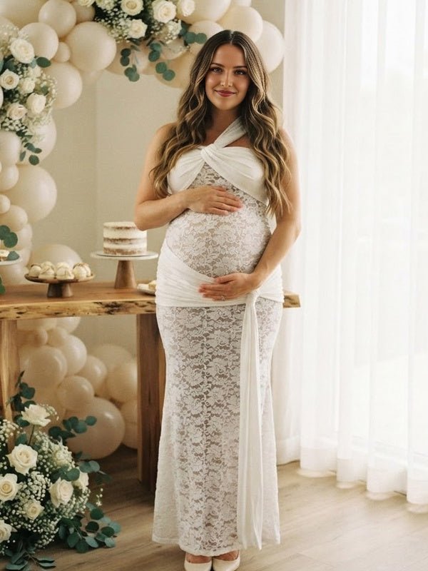 Momyknows White Oblique Shoulder Lace Ruched Sheer Lace Up Maternity Baby Shower Maxi Dress - White - 1