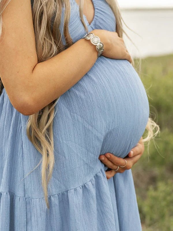 Momyknows Boho Blue Backless Tie Back Bowknot Halter Neck Flowy Photoshoot Western Maternity Maxi Dress - Blue - 6