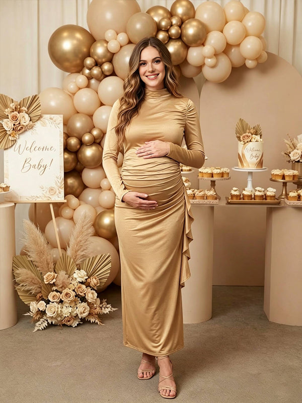 Khaki High-Neck Maternity Dress with Form-Fitting Silhouette, Baby Shower