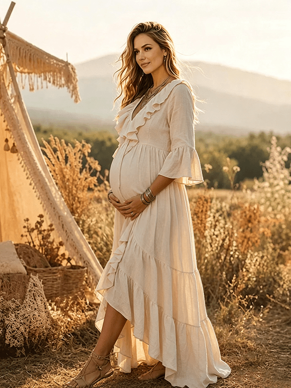 Momyknows Apricot Elegant Irregular Falbala Maternity Photoshoot Maxi Dress - Apricot - 3