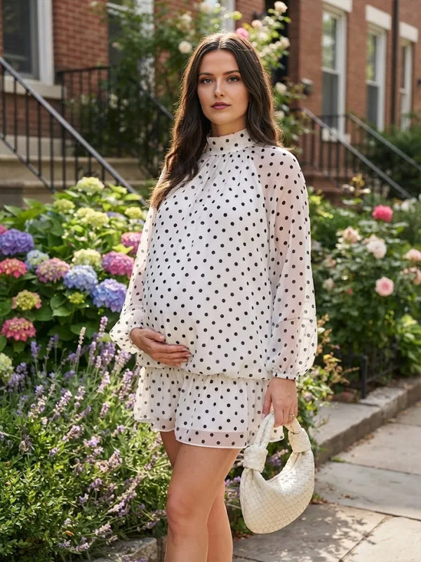 White Polka Dots Ruffle Maternity Mini Dress with Sheer Detail and Lace Up Front and Elegant Silhouette, Photoshoot Occasion