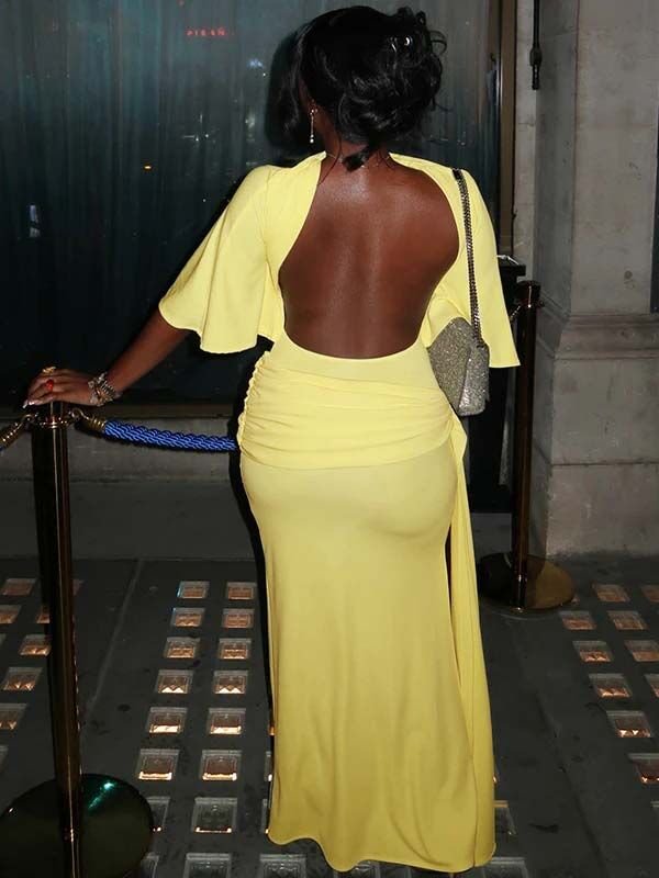 Momyknows Chic Yellow Backless Side Slit Side Draped Cascading Ruffle Cocktail Baby Shower Maternity Maxi Dress