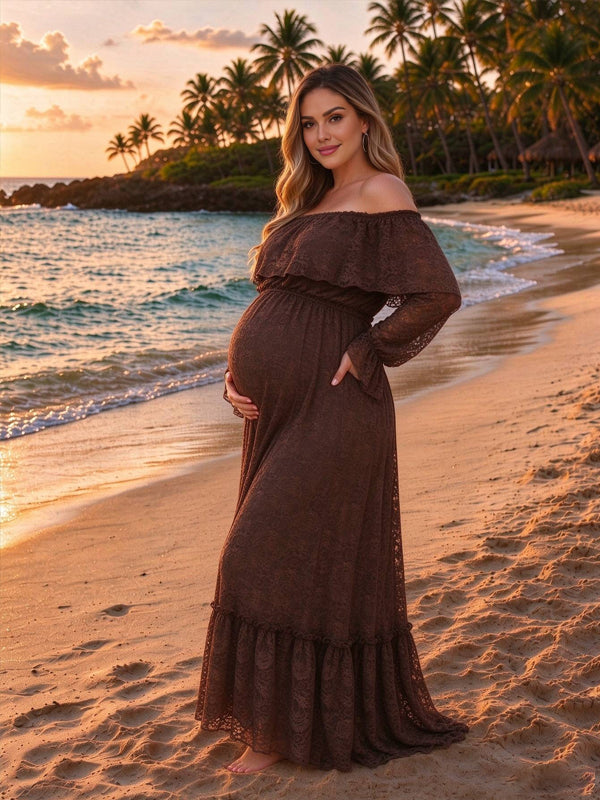 Brown maternity dress with an off-shoulder neckline and flouncy lace details, featuring an elegant flowing silhouette for beach photoshoots