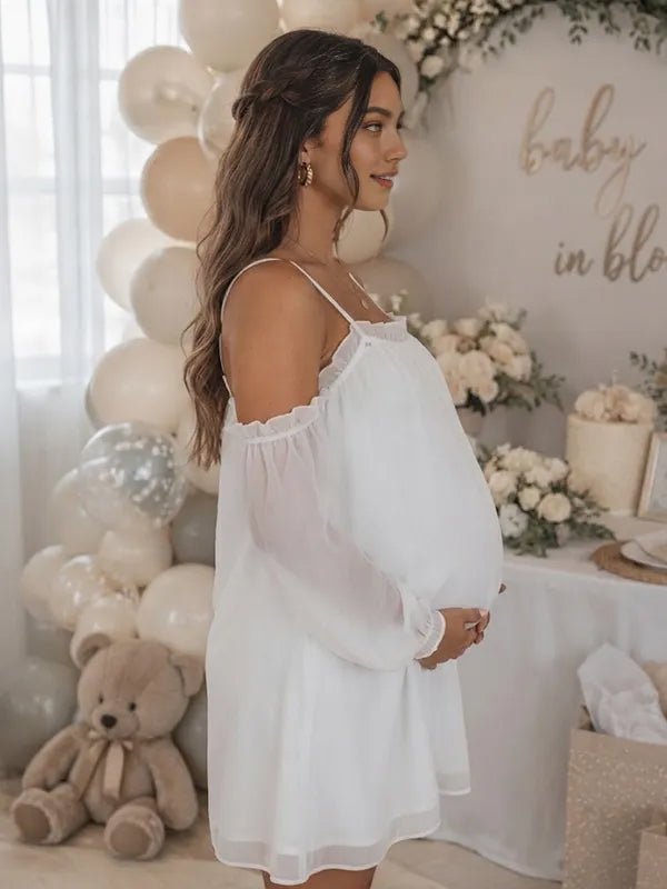 Momyknows White A-Line Spaghetti Strap Boho Ruched Maternity Baby Shower Mini Dress - White - 2
