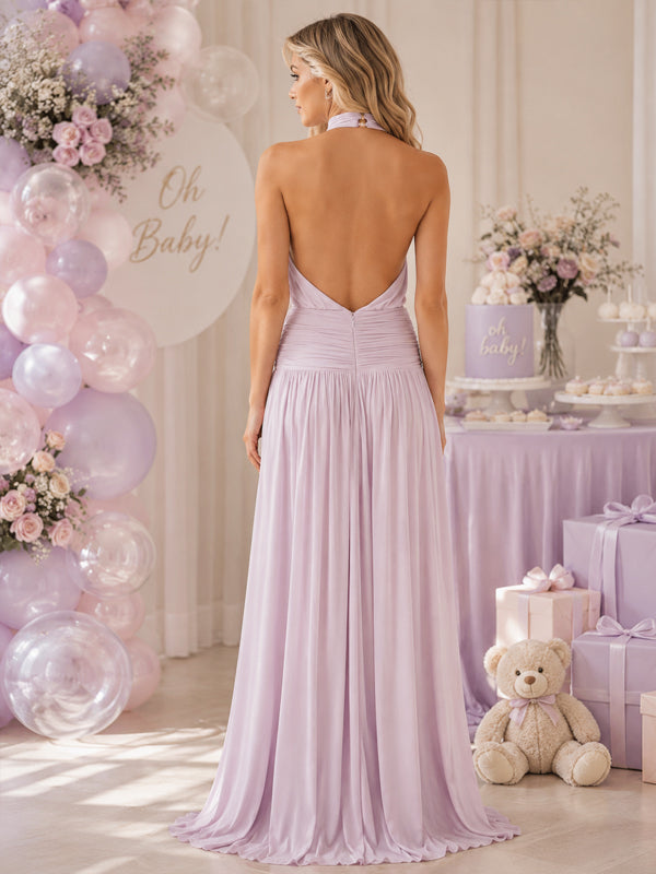 Momyknows Purple High Neck Ruched Side Slit Backless Maternity Baby Shower Maxi Dress