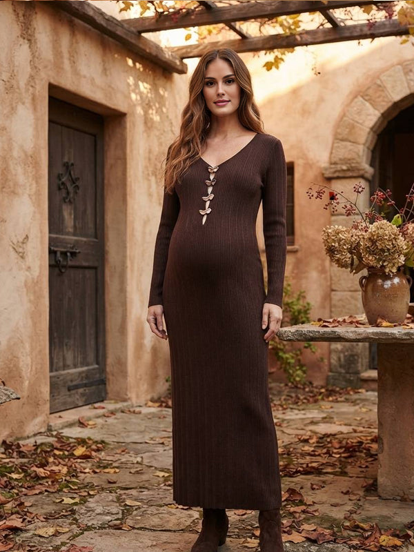 Brown V-neck Crochet Buttons Maternity Dresses