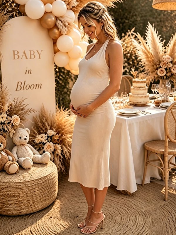 Momyknows Apricot Halter Neck Open Back Lace-Up Mermaid Splicing Baby Shower Midi Dress - Apricot - 2