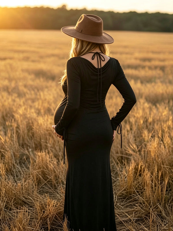 Black Maternity Dress with Backless Design and Tie-Back Detail
