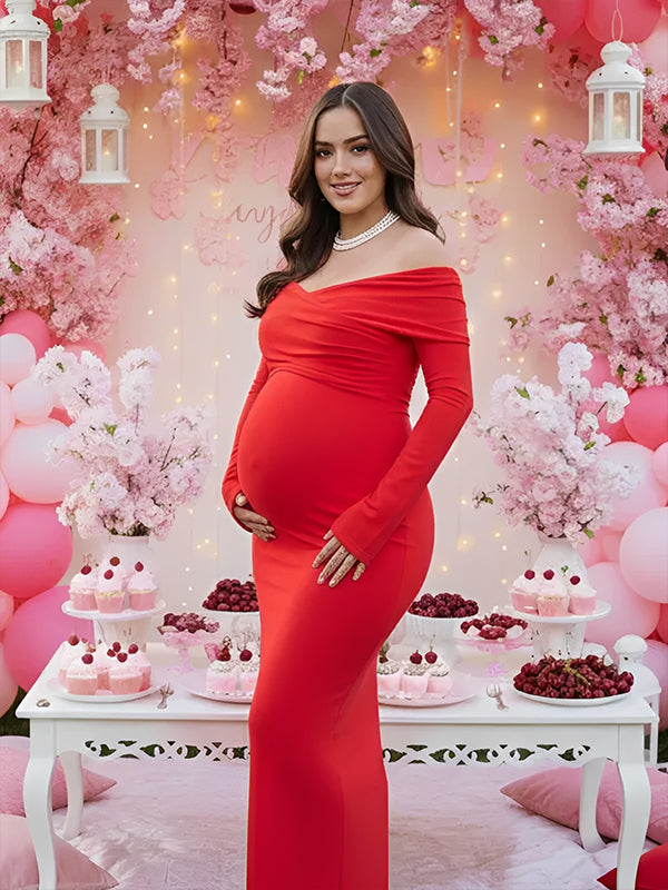 Momyknows Red Off Shoulder Cross Chest Bodycon Maternity Maxi Dress