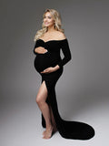Momyknows Side Split Mermaid Off Shoulder Bodycon Photoshoot Maternity Maxi Dress