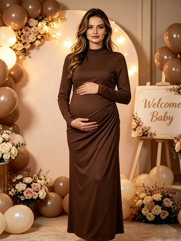Coffle Elegant Ruched Maternity Maxi Dress with Button Detail and Bodycon Silhouette, Baby Shower Occasion