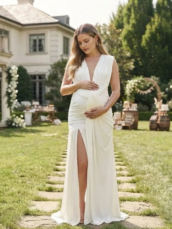 Momyknows White Deep V Ruched Side Slit Irregular Big Swing Maternity Baby Shower Maxi Dress - White - 2