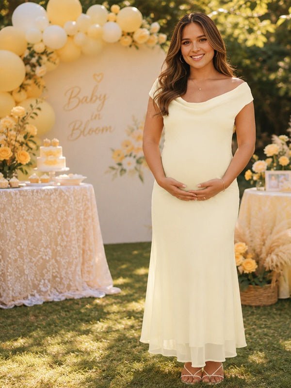 Momyknows Print Off Shoulder Grenadine Backless Maternity Baby Shower Maxi Dress - Yellow - 3