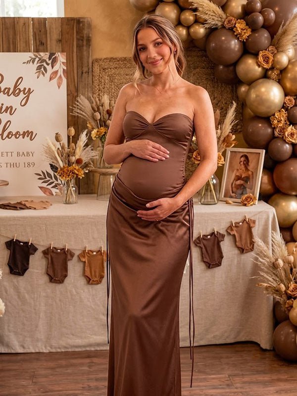 Momyknows Elegant Brown Lace Up Backless Splicing Ruched Baby Shower Maternity Maxi Dress - Brown - 1