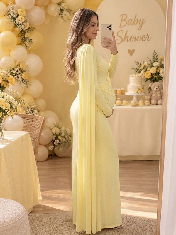 Yellow Ruched Studded Maternity Maxi Dress with Side Draped Detail Elegant Fit