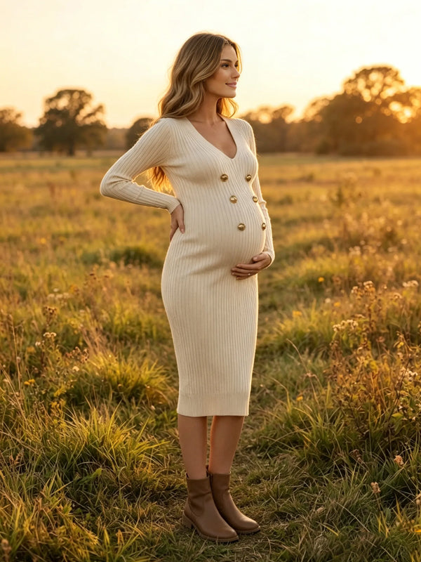White Midi Maternity Dress with Double-Breasted Design and V-Neckline for Outdoor Photoshoots
