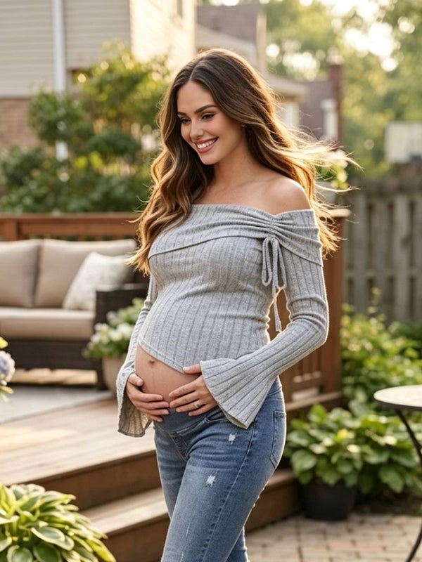 Grey Maternity Top with Off-Shoulder Neckline and Irregular Hem