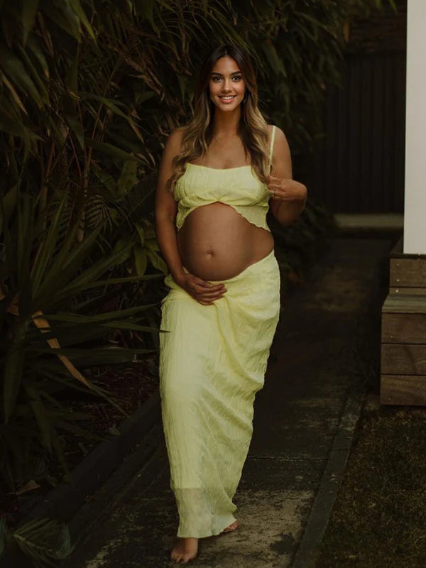 Momyknows Yellow Chiffon Ruched Two Piece Set Cami Crop Top And Bodycon Maxi Skirt Elegant Baby Moon Maternity Photoshoot Baby Shower Maxi Dress