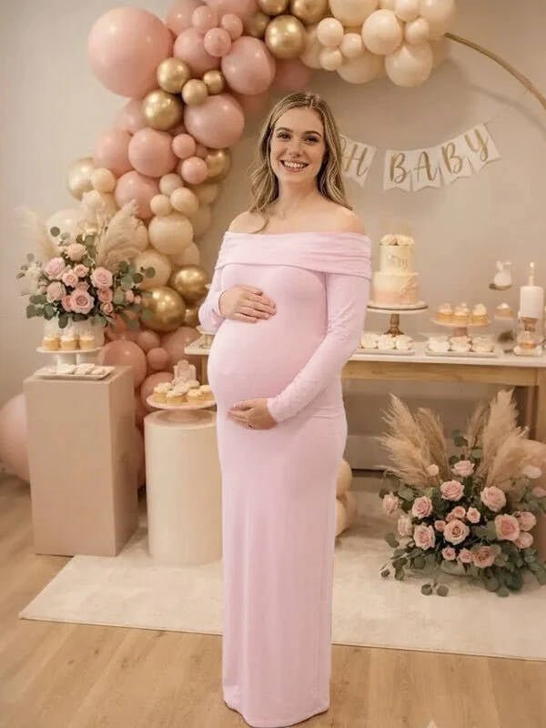 Momyknows Pink Long Sleeve Off Shoulder Backless Solid Color Maternity Baby Shower Maxi Dress - Pink - 1