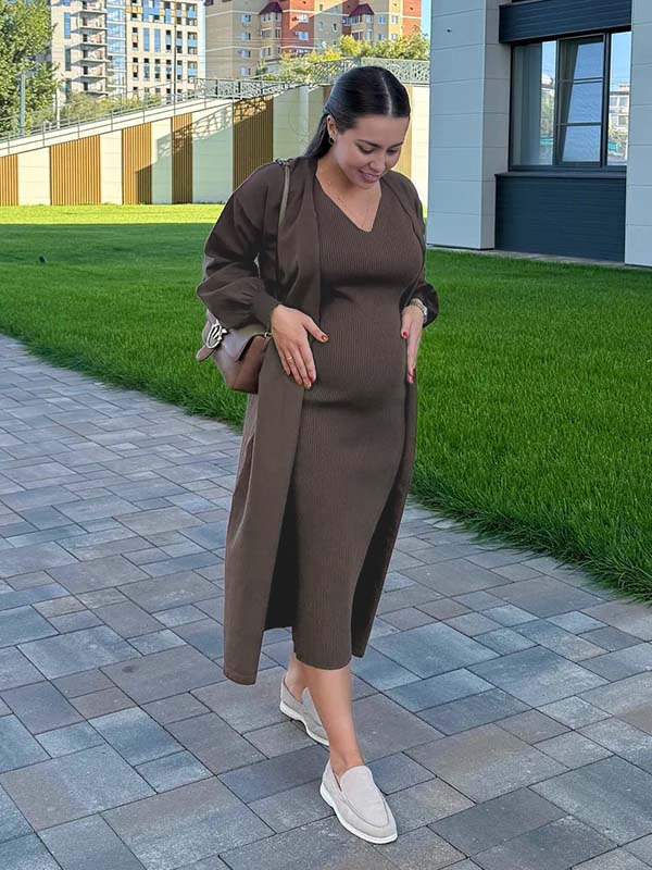 Momyknows Coffee 2 Pieces Knit Baby Shower Maternity Maxi Sweater Dress