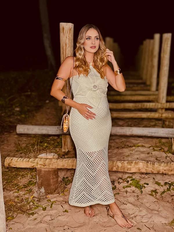 Momyknows Apricot Crochet Halter Neck Maternity Maxi Dresses